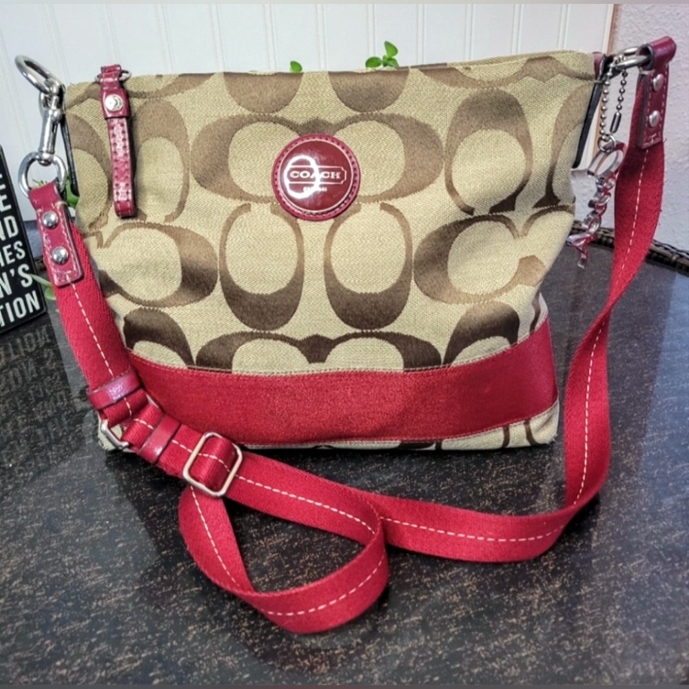 Coach Signature Monogram and Deep Red Crossbody Purse